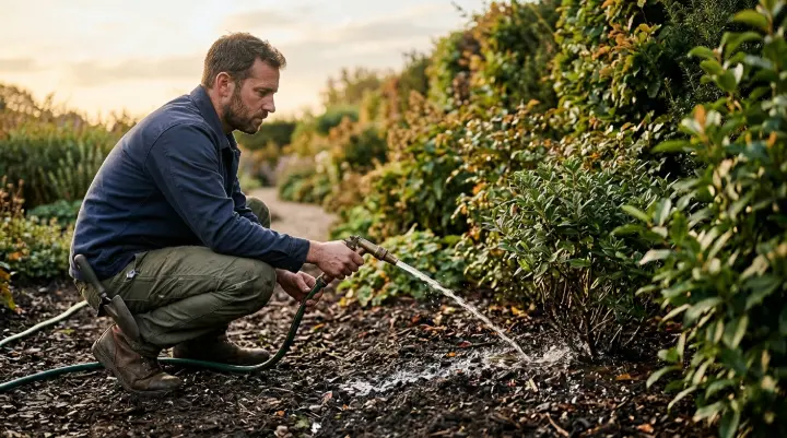 Arrosage au pied d'un massif arbustif tôt le matin — technique correcte pour préserver les plantations