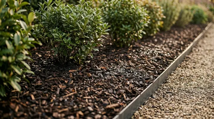 Couche de paillage mulch au pied d'arbustes pour limiter l'évaporation et réduire les besoins en arrosage