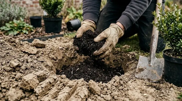 Main qui mélange substrat compost dans un trou de plantation, sol argileux visible