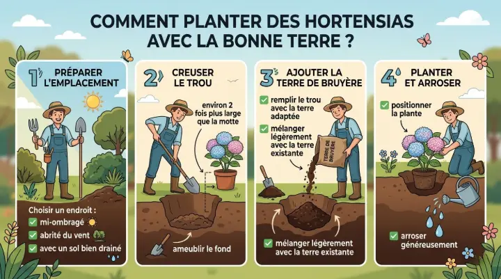 Schéma Comment planter des hortensias avec la bonne terre ?